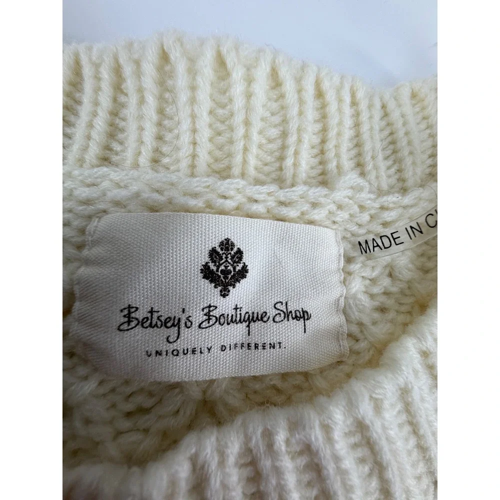 Betsey's Boutique Shop Striped Open Knit Crewneck Sweater Cream XL 54681